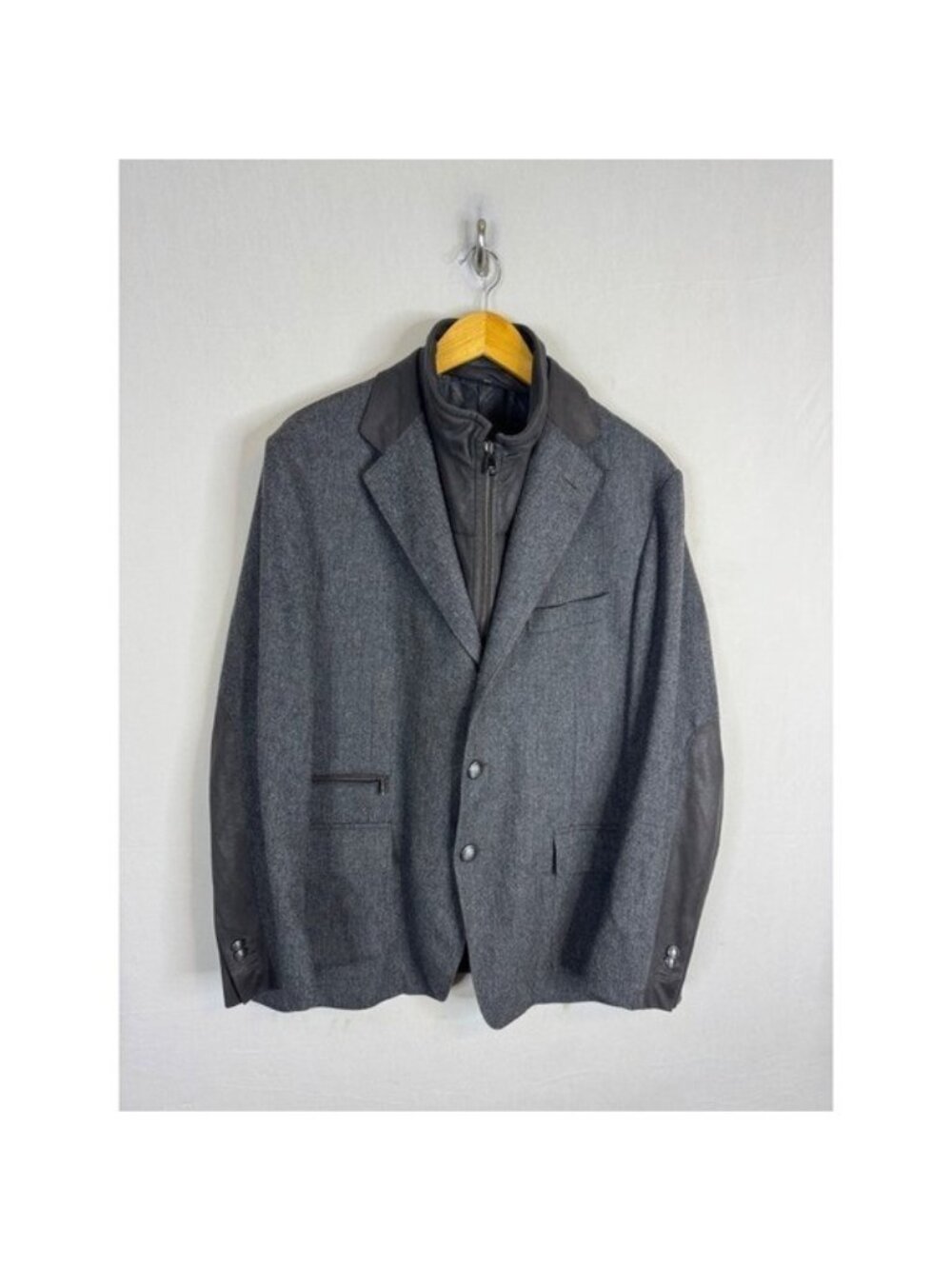 Corneliani ID Grey Wool Cashmere Herringbone Blazer Mock Neck Bib Jacket 54R IT